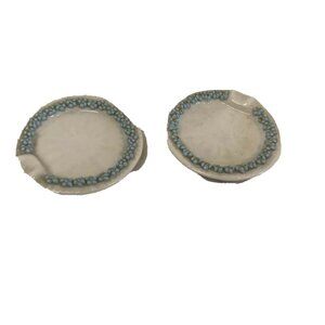 Caliea Vintage Thunderbird 2 Ashtray Round White Green Beaded Trim Vintage  3 1/